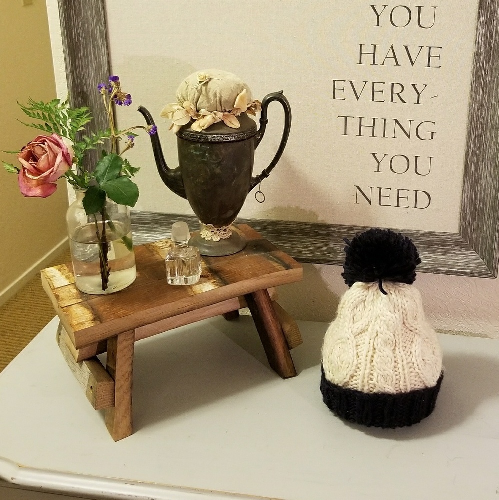 Navy and White PomPom Beanie.